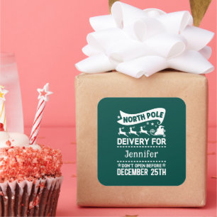 GREEN & White North Pole SANTA Delivery Name Vierkante Sticker