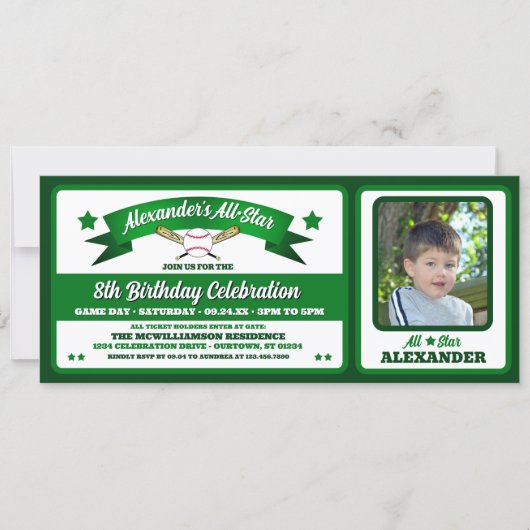 Green & White Photo Baseball Game Ticket Birthday Kaart (Voorkant)