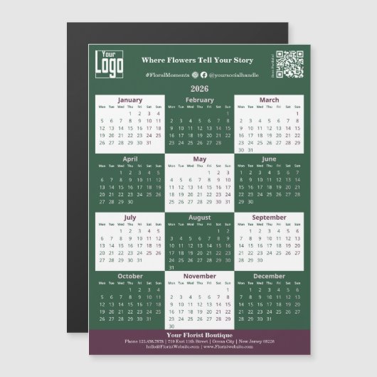 Green, White, Pink Your Logo 2026 Magnet Calendar (Voorkant / Achterkant)