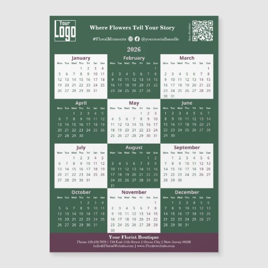 Green, White, Pink Your Logo 2026 Magnet Calendar (Voorkant)