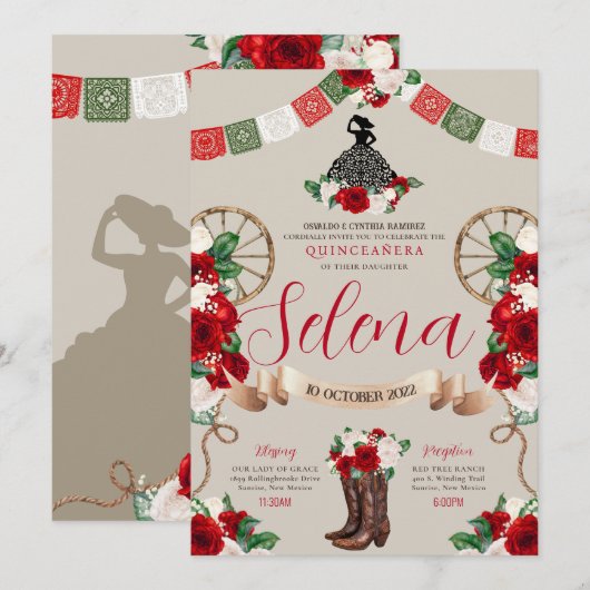 Green White Red Charro Quinceanera Papel Picado Kaart (Voorkant / Achterkant)