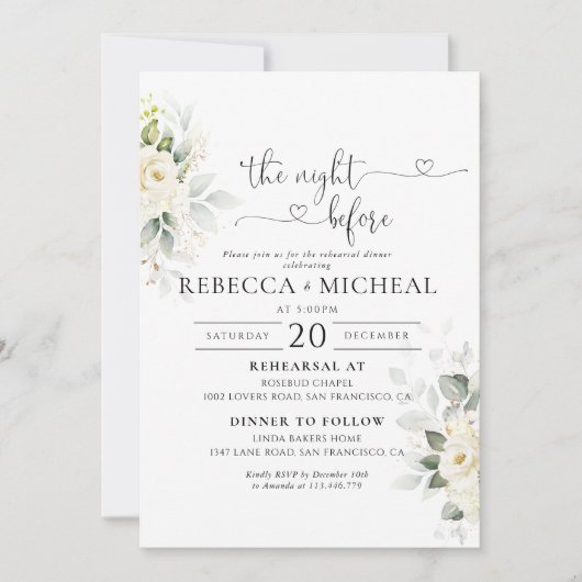 Green White Roses de avond voor de uitnodiging (Voorkant)