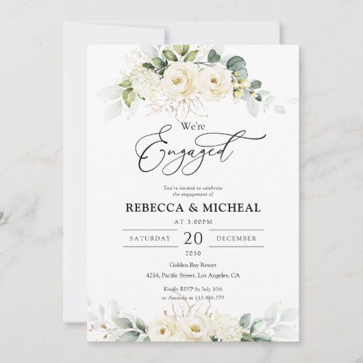 Green White Roses Engagement Party Uitnodiging (Voorkant)