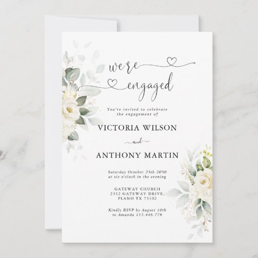 Green White Roses Engagement Party Uitnodiging (Voorkant)