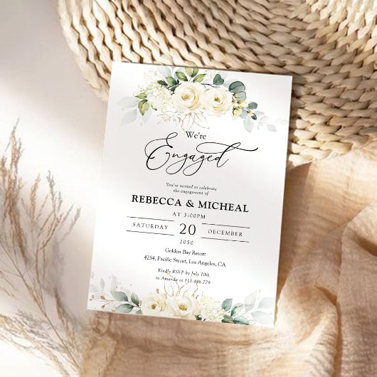 Green White Roses Engagement Party Uitnodiging