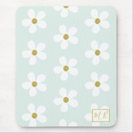 Green White Simple Daisy Gold Monogram Muismat