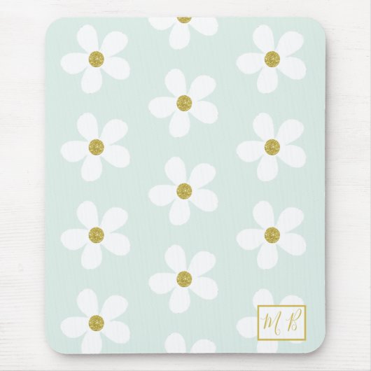 Green White Simple Daisy Gold Monogram Muismat (Voorkant)