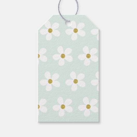 Green White Simple Daisy Gold Pattern Cadeaulabel (Voorkant)