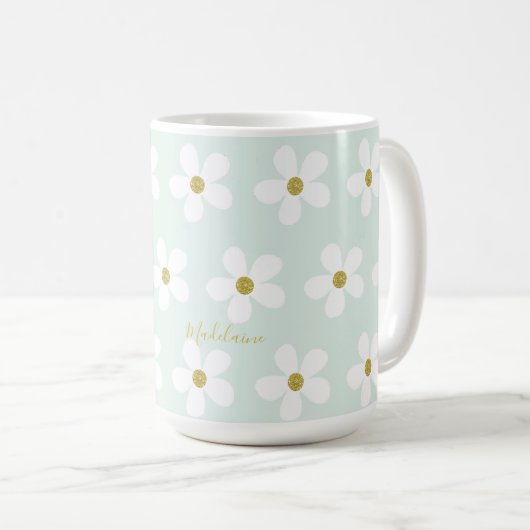 Green White Simple Daisy Gold Personal Koffiemok (Voorkant rechts)