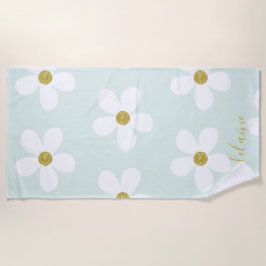 Green White Simple Daisy Gold Personal Strandlaken