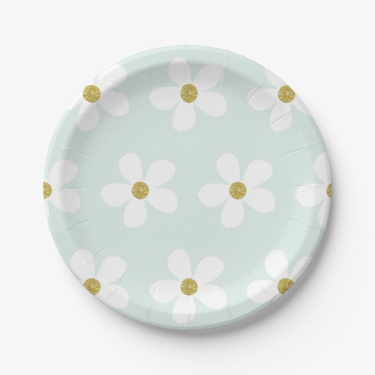 Green White Simple Daisy Pattern Gold Papieren Bordje (Voorkant)