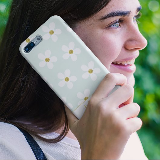 Green White Simple Daisy Pattern Gold Personal Case-Mate iPhone Case