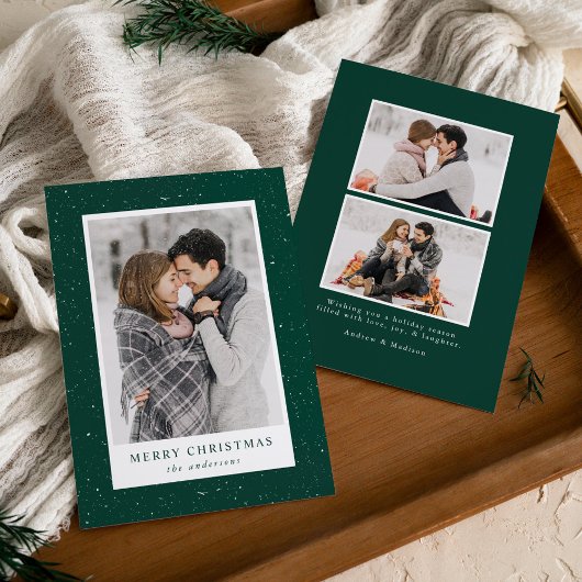 Green & White Snow Flurries Holiday-fotokaart Feestdagenkaart