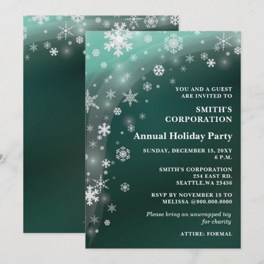 Green White Snowflakes Corporate Holiday Party Kaart (Voorkant / Achterkant)