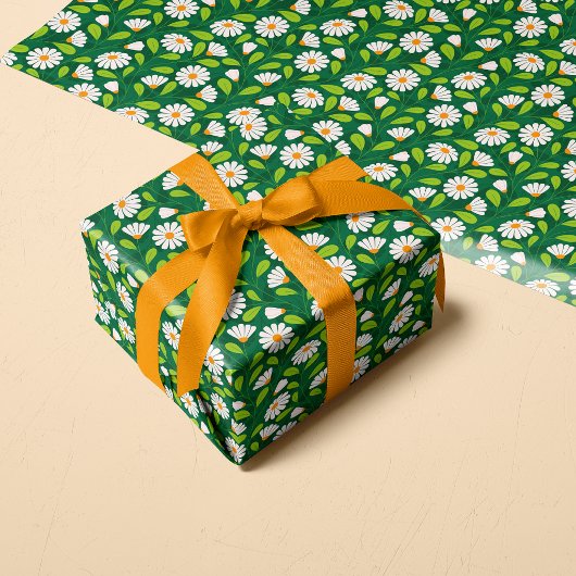 Green & White Spring Daisies & Vine Pattern Cadeaupapier