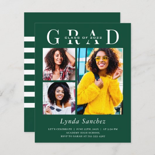 Green White Stripes 3 Photo Graduation Invitations (Voorkant / Achterkant)