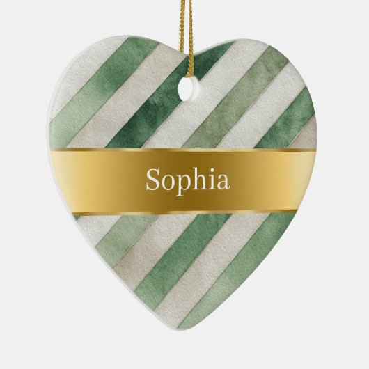 Green White Stripes Gold Ribbon Christmas Keramisch Ornament (Rechts)