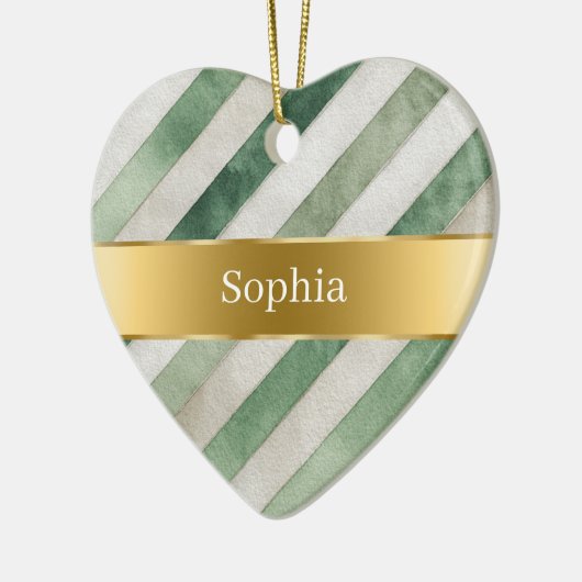Green White Stripes Gold Ribbon Christmas Keramisch Ornament (Links)