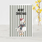 Green White Stripes Goose with Santa Hat Christmas Kaart (Gele Bloem)