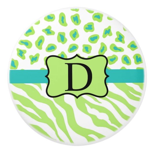 Green White Turquoise Leopard Zebra Skin Monogram Keramische Knop (Voorkant)