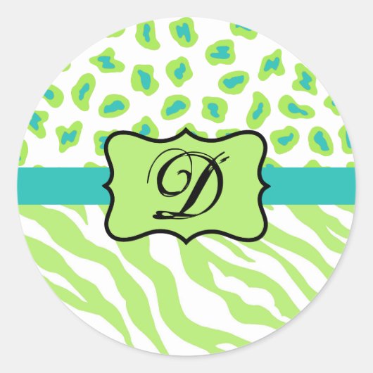 Green White Turquoise Leopard Zebra Skin Monogram Ronde Sticker (Voorkant)