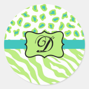 Green White Turquoise Leopard Zebra Skin Monogram Ronde Sticker