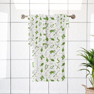 Green White Vist naadloze patroonmonogrammen Bad Handdoek