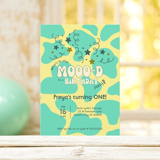 Green Who's in the MOOO-D Koe Print 1st Birthday Kaart