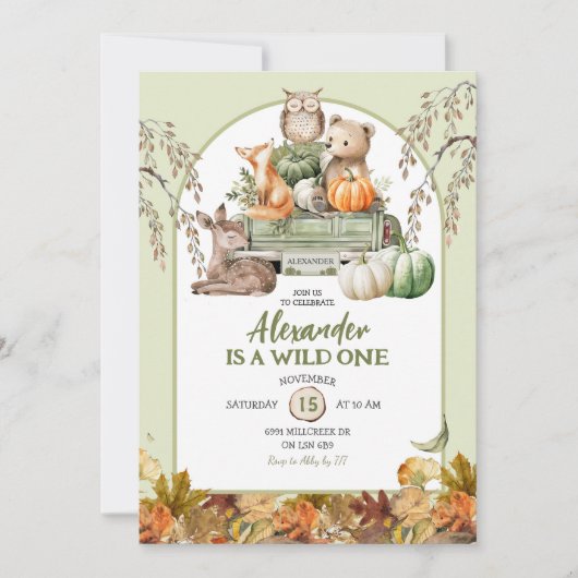 Green Wild One Woodland Pumpkin Truck 1e verjaarda Kaart (Voorkant)