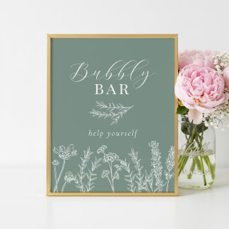 Green Wildflower Bridal Shower Bubbly Bar Sign Poster