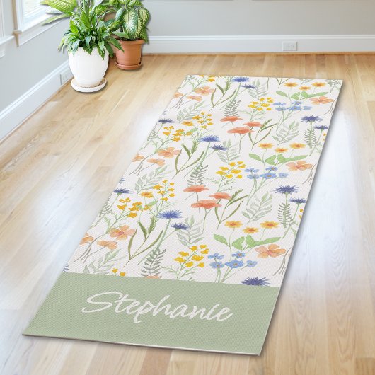 Green Wildflower Watercolor Custom Name Yogamat