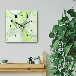Green Wine Glasses Numbered Wall Clock Vierkante Klok