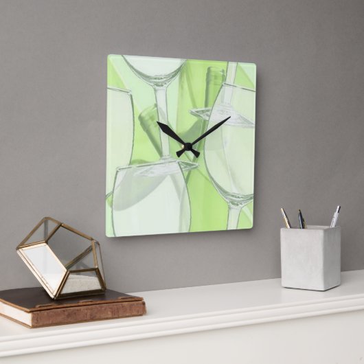 Green Wine Glasses Wall Clock Vierkante Klok (Kantoor)