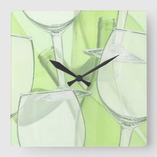 Green Wine Glasses Wall Clock Vierkante Klok (Voorkant)