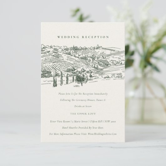Green Winery Mountain Sketch Wedding Reception Informatiekaartje (Staand voorkant)