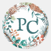 Green Winter Eucalyptus Pinecone WreatInitialen Ronde Sticker (Voorkant)