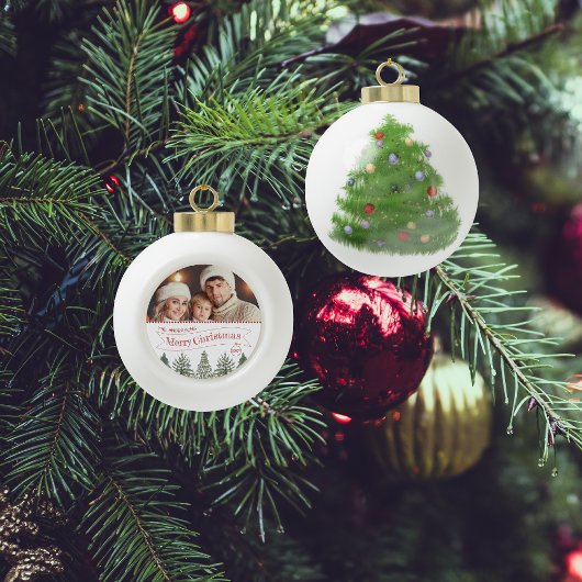 Green Winter Forest Familiefoto Vrolijk Kerstfeest Keramische Bal Ornament
