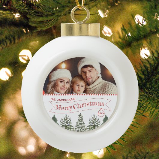 Green Winter Forest Familiefoto Vrolijk Kerstfeest Keramische Bal Ornament