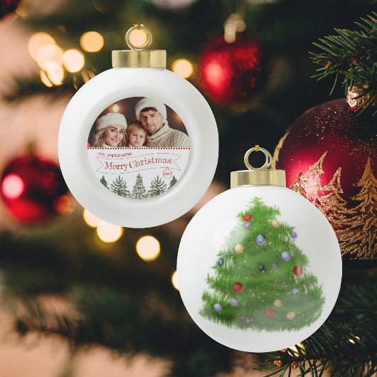 Green Winter Forest Familiefoto Vrolijk Kerstfeest Keramische Bal Ornament