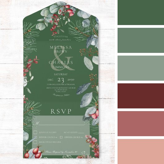 Green Winter Pine Berries Eucalyptus Dinner All In One Uitnodiging