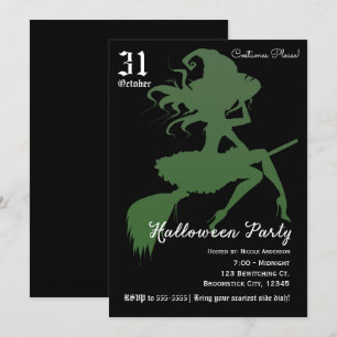 Green Witch Flying Broomstick Halloween Party Kaart