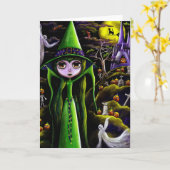 Green Witch Halloween Kaart (Gele Bloem)