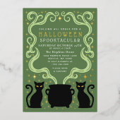 Green Witchy Black Cat Cauldron Halloween Party Folie Uitnodiging (Voorkant)