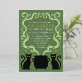 Green Witchy Black Cat Cauldron Halloween Party Folie Uitnodiging (Staand Voorkant)
