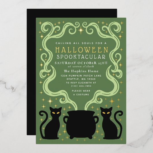 Green Witchy Black Cat Cauldron Halloween Party Folie Uitnodiging (Voorkant / Achterkant)