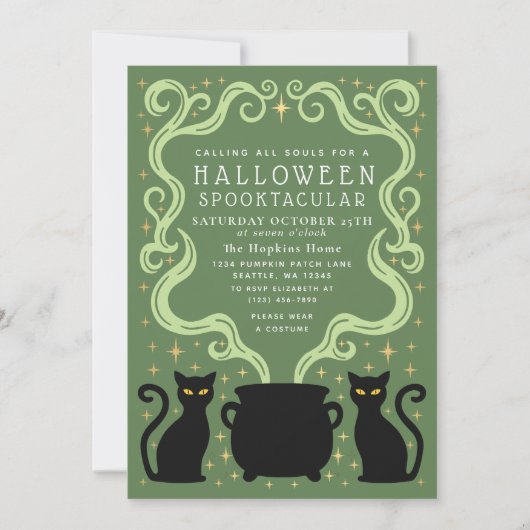 Green Witchy Black Cat Cauldron Halloween Party Kaart (Voorkant)