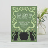 Green Witchy Black Cat Cauldron Halloween Party Kaart (Staand voorkant)