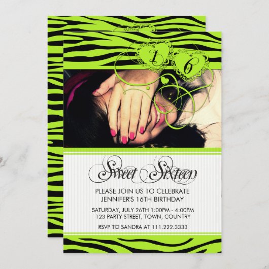 GREEN WITTE TRENDY ZEBRA AFDRUKSWEET SIXTEEN KAART (Voorkant / Achterkant)