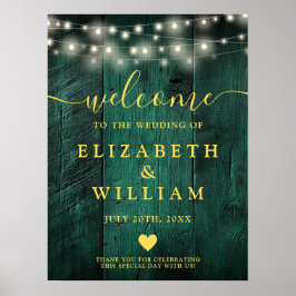 Green Wood String Lights Huwelijk Welkom Teken Poster