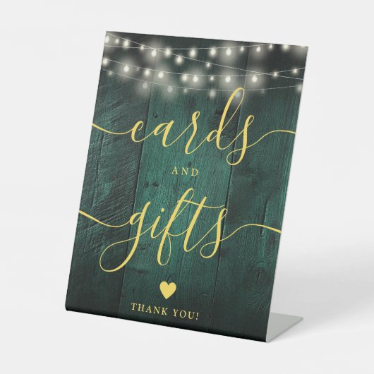 Green Wood String Lights Script Kaarten en geschen Reclamebord Met Voetstuk (Voorkant)
